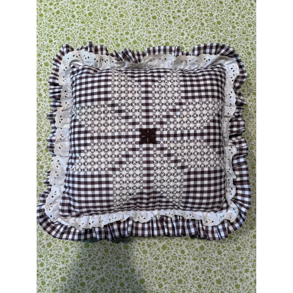 Brown Gingham Check Ruffled Throw Pillow Eyelet Lace Embroidered Star Farmhouse